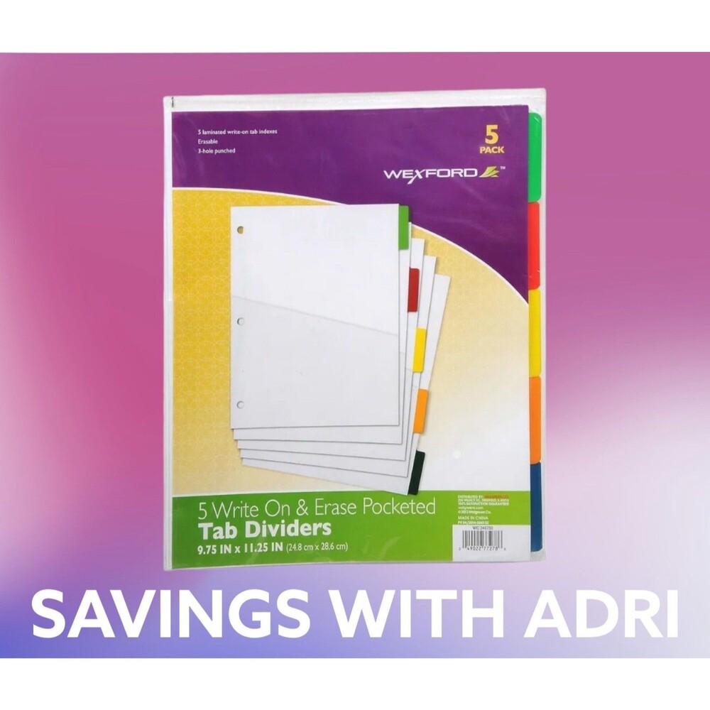 2x Wexford 5-Tab Pocket Dividers Write & Erase Multicolor Big Tabs 3-hole Punch